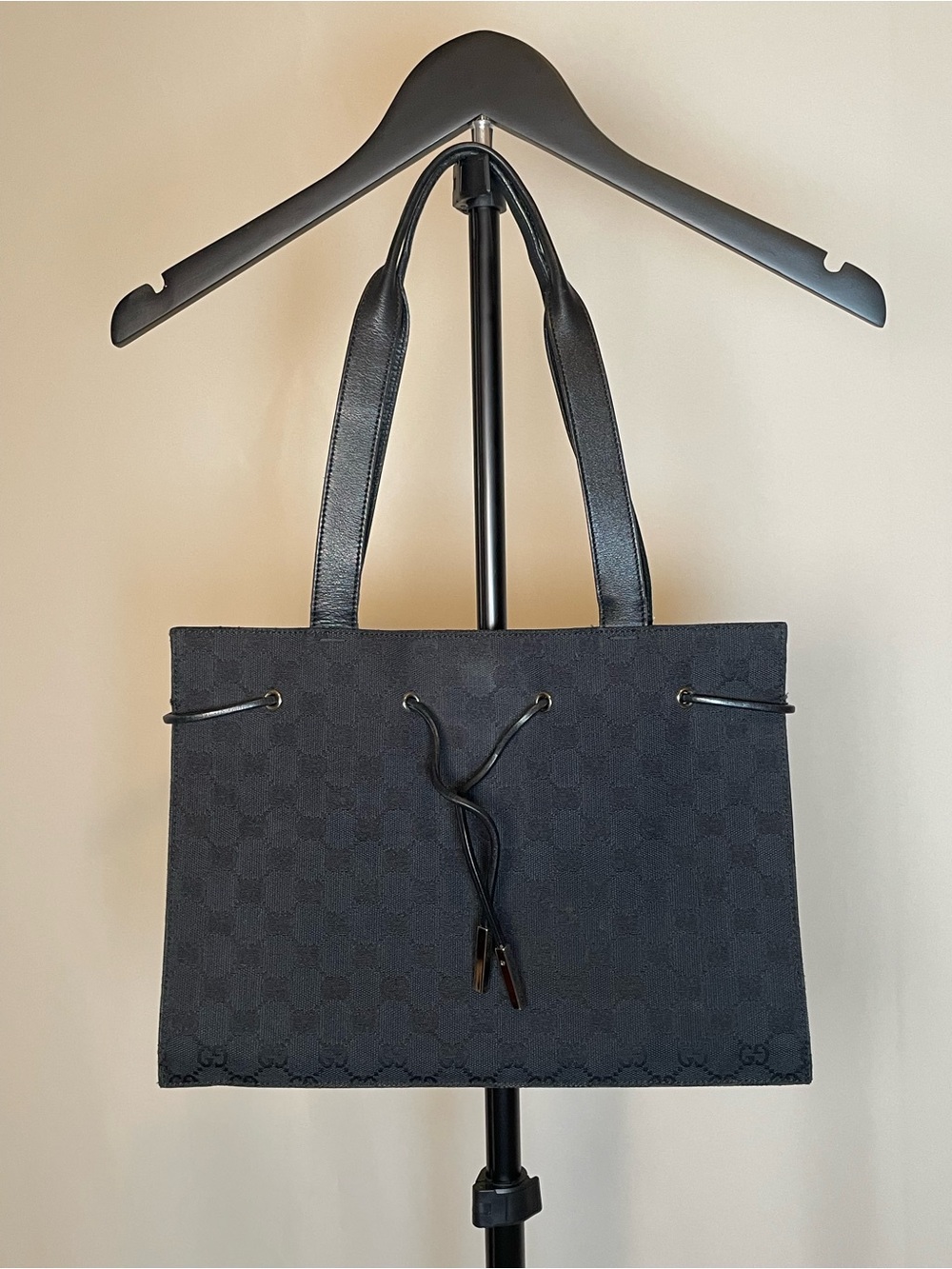 Gucci Vintage GG Canvas Black Structured Tote Bag with Drawcord